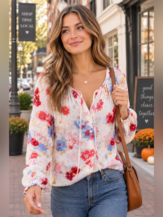 Lucky Brand Tops - Lucky Brand Ivory Floral Tie-Neck Blouse with Red & Blue Blooms